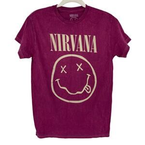 Officially Licensed Nirvana Nevermind Smiley Grunge Tee Magenta Acid Wash Small